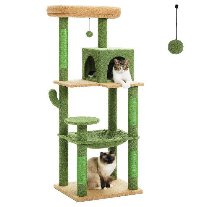 PAWZ Road Arbre à chat Design Spacieux Grande Hamac Dur Stable Avec hamac et belle maison pour chat - Cactus vert - 143 cm