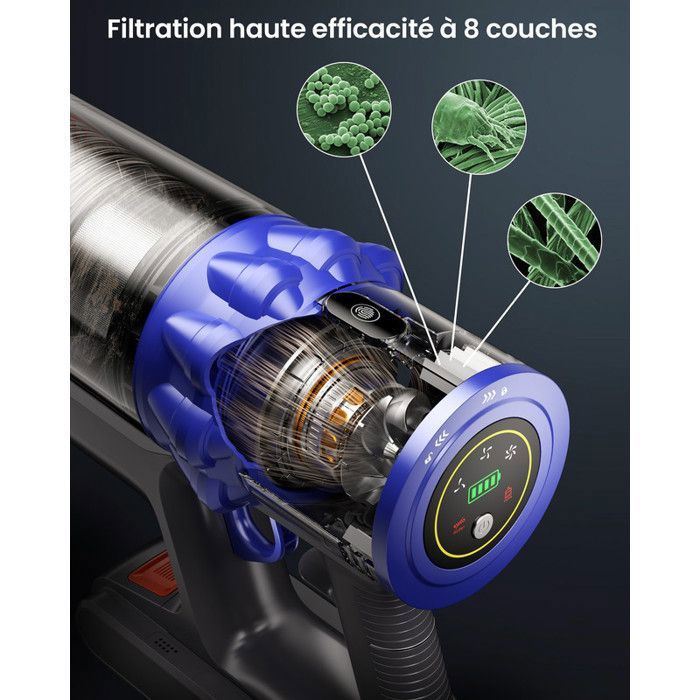 Aspirateur Balai Sans Fil - YOIMOIMO - 650W - 70000 Pa - 70 Min - Charge rapide sur le support - Vidange D'Une Seule Main