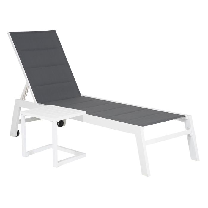 Set bain de soleil et table d'appoint BARBADOS en textilène taupe - aluminium blanc