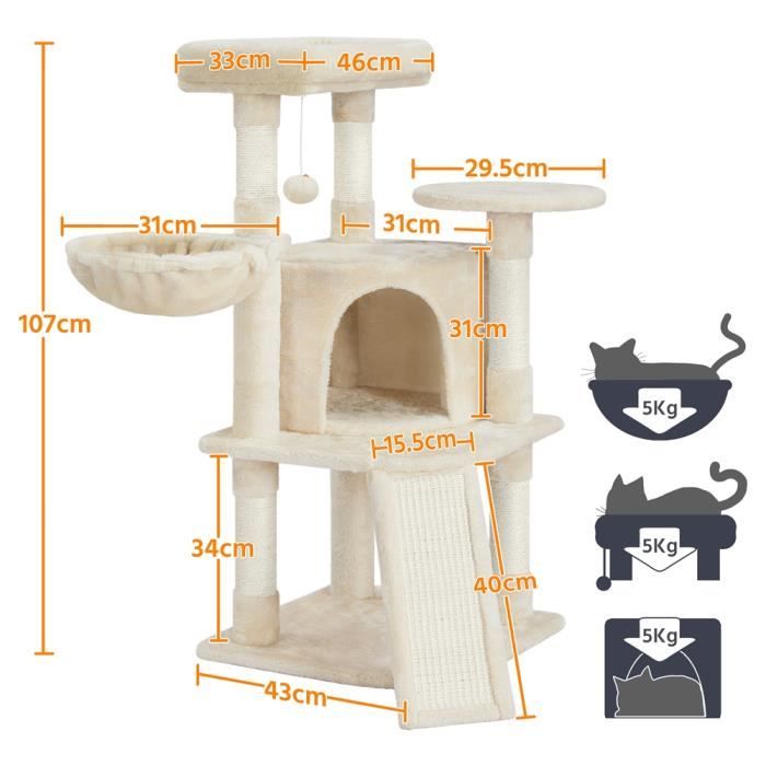 Yaheetech Arbre à Chat en Sisal Griffoir Grattoir Tour de Jeux pour Chat avec Centre d'activités Arbre a Chat Hauteur 107cm Rose
