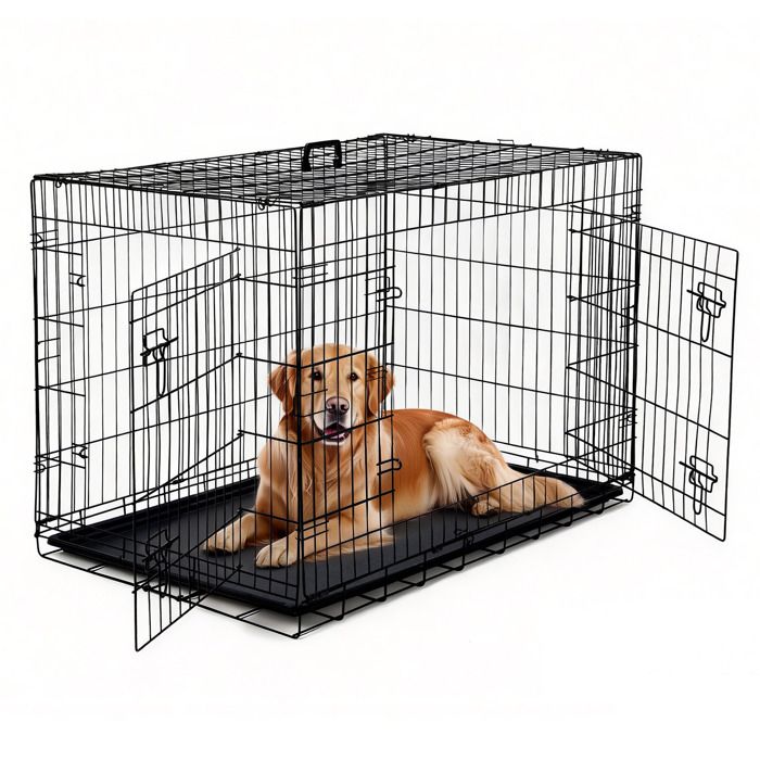 Cage pour Chien 42 “, Double Porte de Sécurité, Séparateur Amovible, Plateau Inclus, Cage Pliable, Voyage avec Chien, Noir