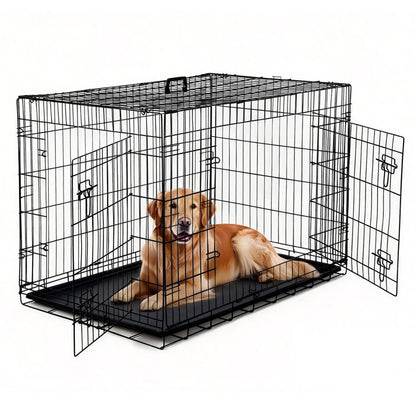 Cage pour Chien 42 “, Double Porte de Sécurité, Séparateur Amovible, Plateau Inclus, Cage Pliable, Voyage avec Chien, Noir