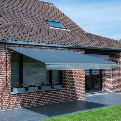 Store banne SAULE 3,5 × 3m - Toile rayée blanche/grise et structure blanche