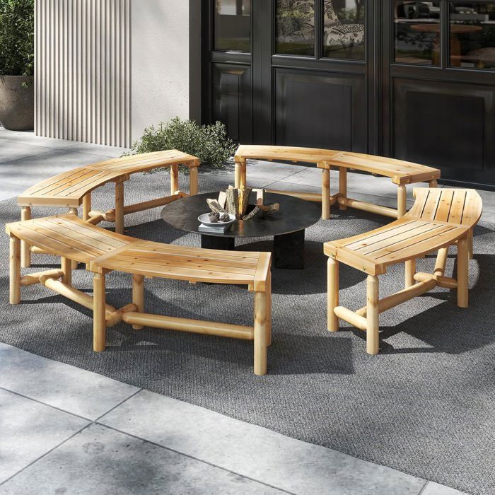 Banc de Jardin Extérieur Incurvé COSTWAY, Bois Massif, 2-3 Personnes, sans Dossier, Charge 360 kg, pour Patio Piscine, Naturel