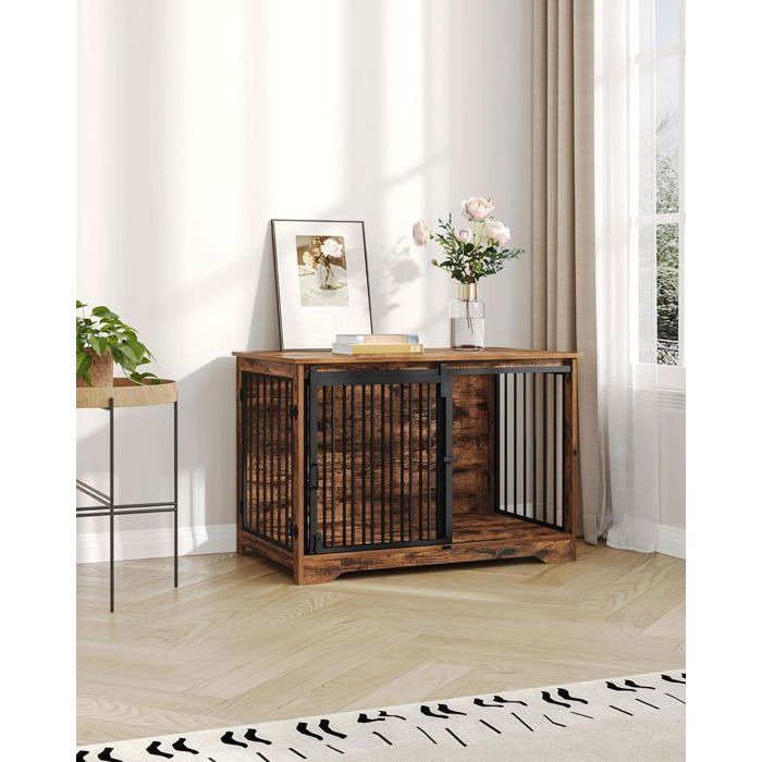Cage pour Chien, 100 cm Meuble Cage Chien, Cage Chien Interieur avec Porte coulissante, 2 Portes, 100 x 60 x 68 cm, Ivoire Clair