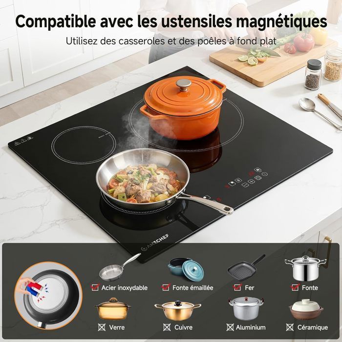 Table de cuisson 3 foyers AMZCHEF 9 niveaux de puissance 7400W avec 3 boosters Encastrable
