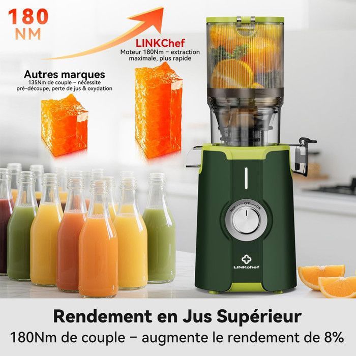 Extracteur de Jus - Sans Préparation - Grande goulotte 115 mm à fruits entiers -Nettoyage Rapide -Rendement en jus de 99 % -Vert