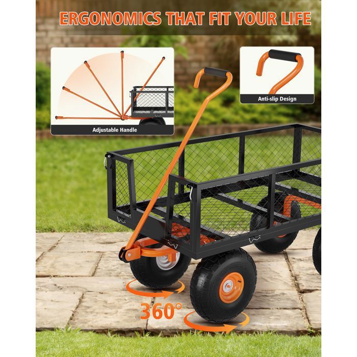 Chariot de Jardin Basculeur Renforcé - Capacité 600 lb (272 kg) -Réglable à 180° - Roues Tout-Terrain 10"- Résistant à la Rouille