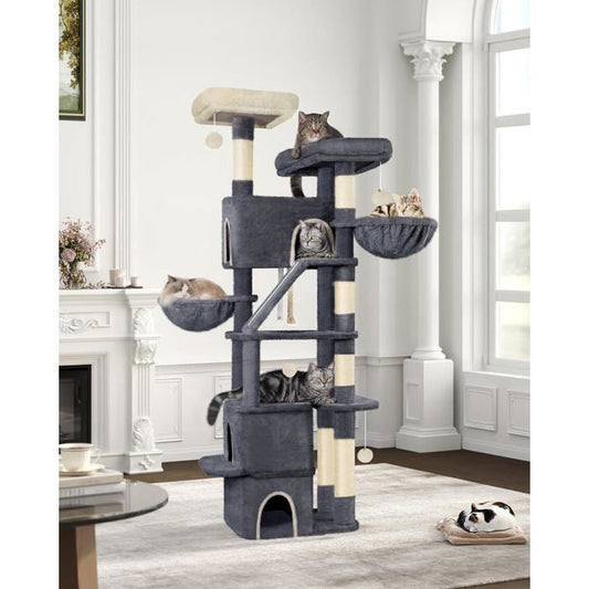 185 cm Arbre à Chat, Grande Tour à Chat pour Chats d'intérieur avec 2 Plates-Formes, 3 Condos, 6 Griffoirs, 2 Paniers, Gris Foncé