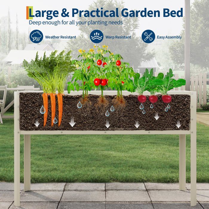 Bac Potager Surélevé sur roulettes 60x60x70 cm, Carré Potager Métal blanc avec réserve d'eau et freins, Jardinière auto-arrosante