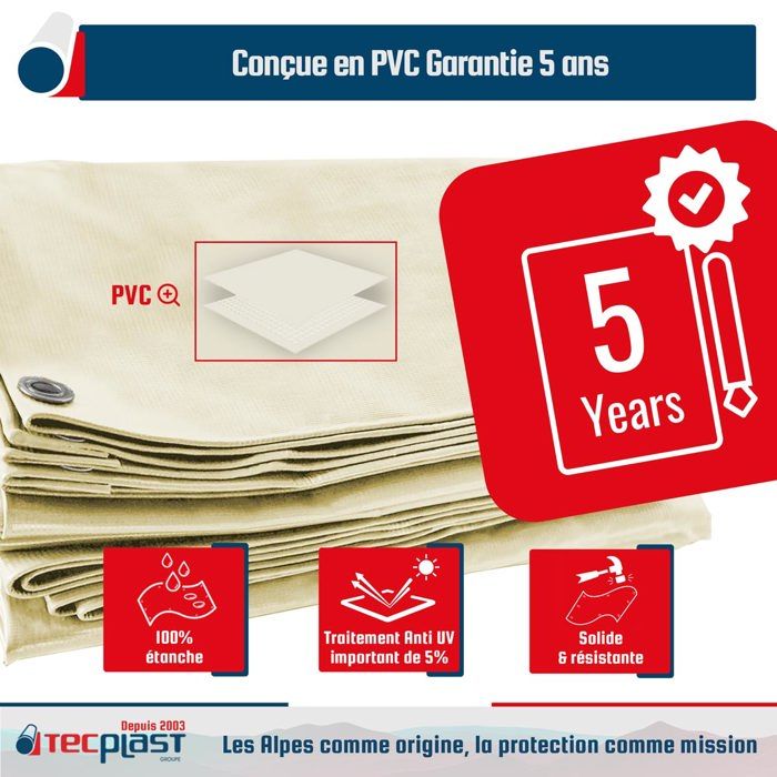 TECPLAST Toile Pergola Blanc Crème 4x4 m LP506PR - Garantie 5 ans - Bâche Pergola ou Tonnelle étanche en PVC pour terrasse