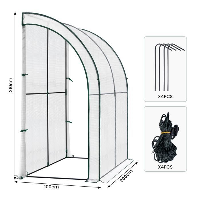 WOLTU Serre de Jardin avec Bâche PE Renforcée Imperméable, Serre d'hivernage Murale adossée, 200x100x210cm, Blanc W0UETT0054
