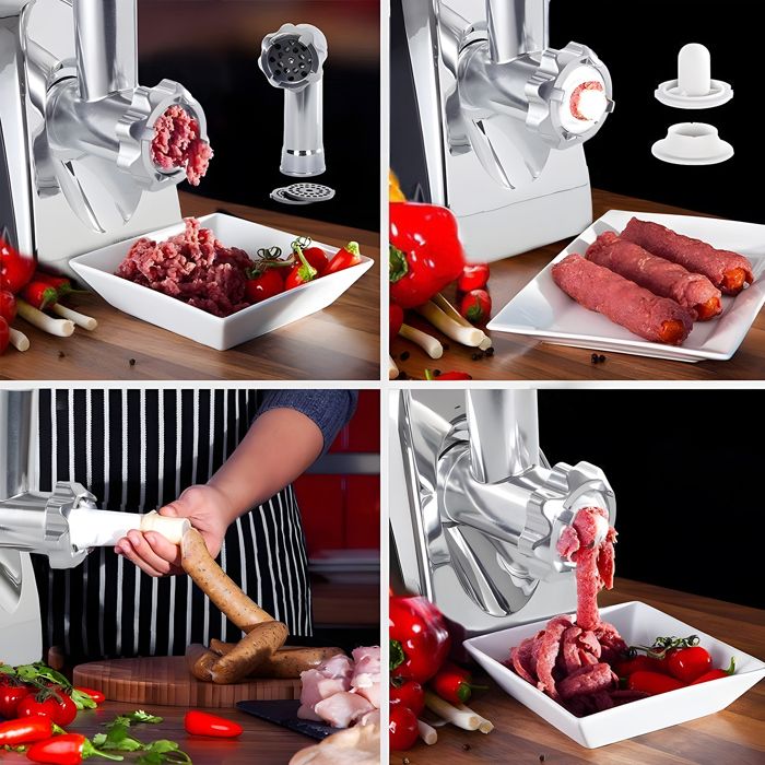 Hachoir à Viande Électrique 2800W - Écran Tactile - 11PCS avec 2 Lames 4 Inox Disques 3 Kit de Saucisse 1 Kubbe 1 Brosse - Argent