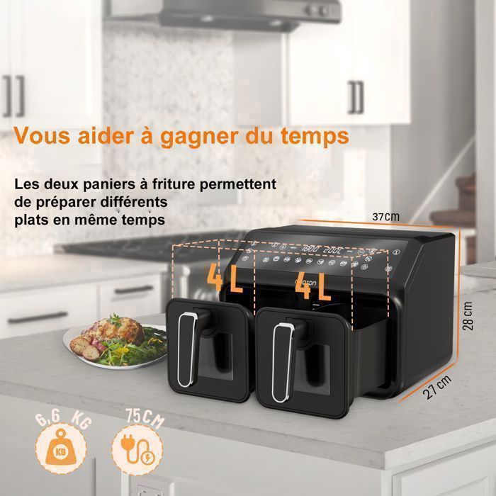 Airfryer 8L 2200W,Friteuse sans huile 2 compartiments,Fenêtre de Visualisation,10 Programmes Automatiques,Friteuse à air chaud
