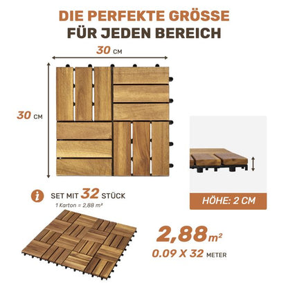 Lot de 32 Dalles en Bois d'Acacia à emboîter 30x30cm -  Caillebotis Extérieur Clipsable pour Balcon, Terrasse et Jardin - Jaune