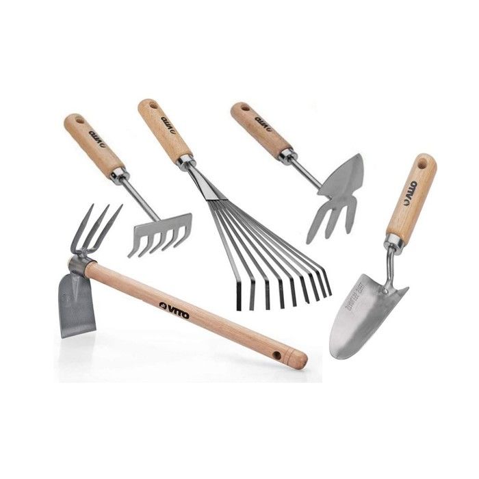 Kit 9 outils de jardin Manche bois Hêtre Inox et Fer forgés à la main  VITO