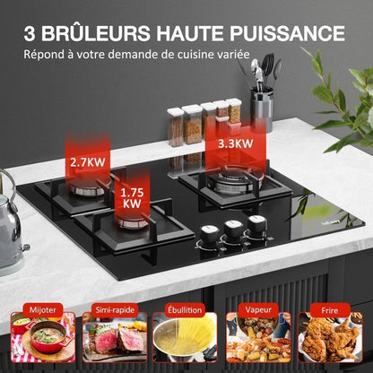 Plaque gaz encastrable - ISEASY - 4 feux 60 cm - Verre trempé - Supports fonte - Compatible NG/GPL