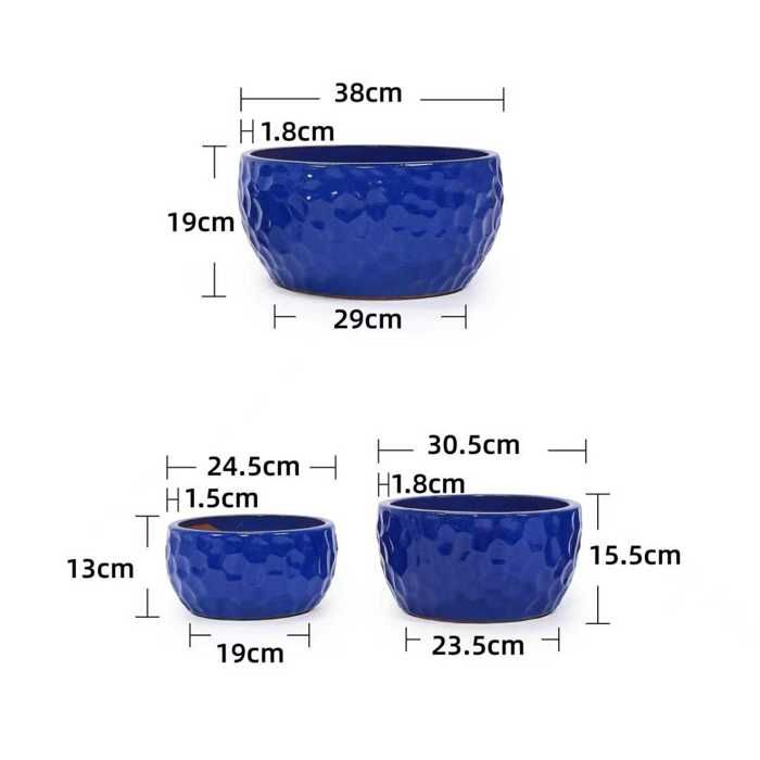 Lot de 3 Pots de Fleurs en Céramique Fait Main - 38/30/25 cm - Bleu Antique