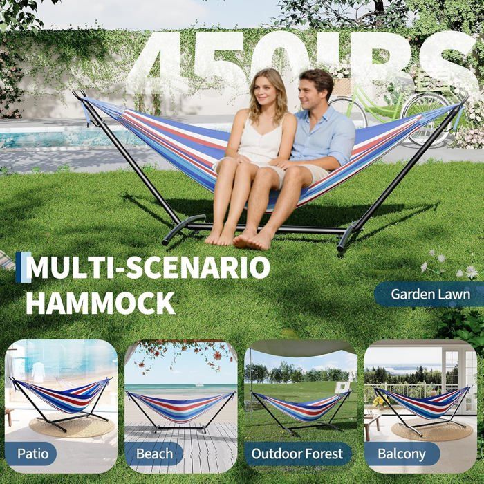 Hamac Double avec Support - 450 lbs, Toile Coton & Coussin Amovible - Pour Jardin, Intérieur/Extérieur, Vert