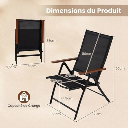 Lot de 4 Chaises Pliantes de Jardin COSTWAY, Dossier Ajustable à 5 Positions, Accoudoirs, Cadre en Métal, Extérieur Intérieur, Noir
