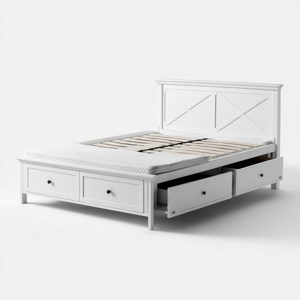Lit avec tiroirs de rangement Protege, design classique blanc
