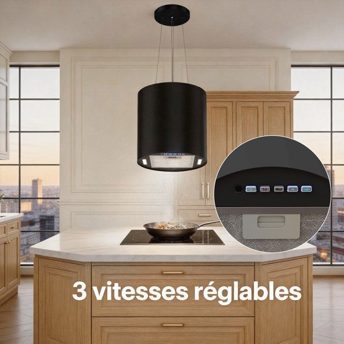 FIREGAS Hotte îlot suspendue 35 cm, 700 m³/h, 3 vitesses, éclairage LED, arrêt différé, 2 filtres à charbon – Blanc Mat