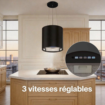 FIREGAS Hotte îlot suspendue 35 cm, 700 m³/h, 3 vitesses, éclairage LED, arrêt différé, 2 filtres à charbon – Noir