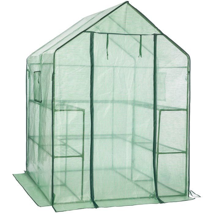 Serre de Jardin avec 10 Étagères, Abri pour Plantes, avec Porte Enroulable, Fenêtre, Fermeture Éclair,  145 x 141 x 198 cm,Vert