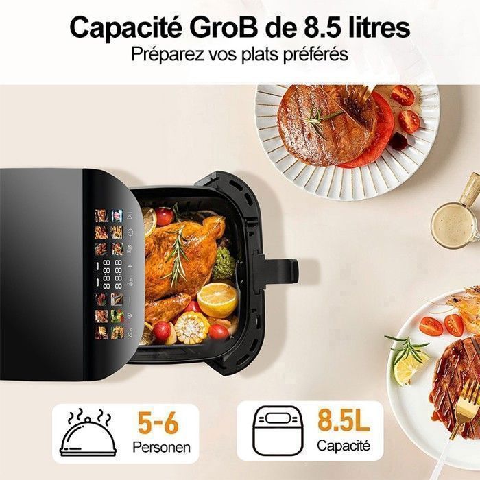 Friteuse XXL 8,5L Air Fryer avec Fenêtre de Visualisation & Écran Couleur, 12 Programmes, 1800W, Nettoie Facilement, Noir