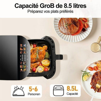 Friteuse XXL 8,5L Air Fryer avec Fenêtre de Visualisation & Écran Couleur, 12 Programmes, 1800W, Nettoie Facilement, Noir