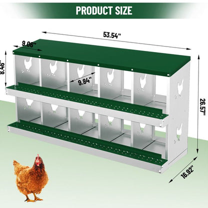 Pondoir Poules Pondeuses 10 Compartiments, Poulailler en Acier Galvanisé, Récolte des Œufs Facilitée,  Pratique, Pied, Vert