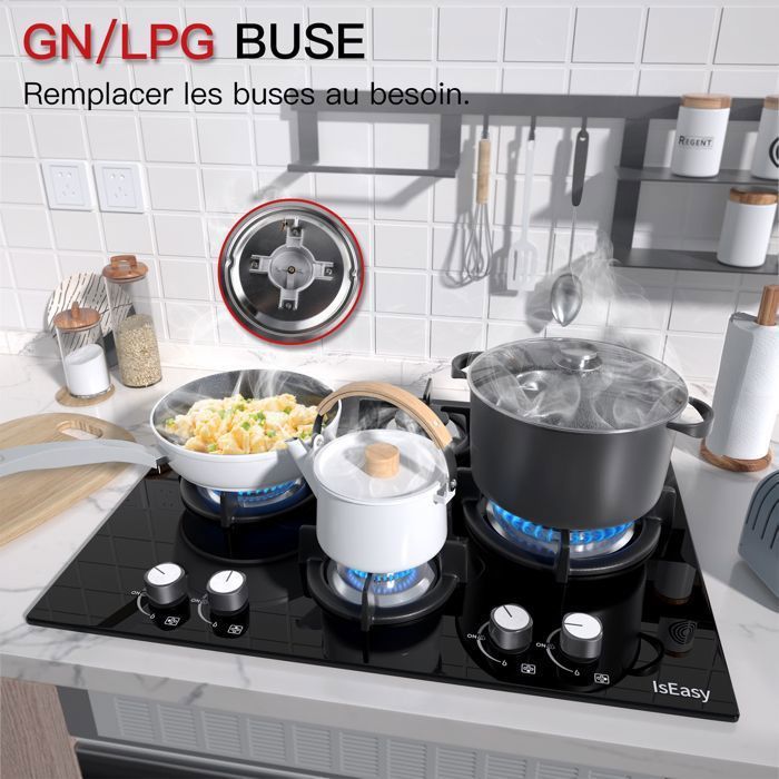 Plaque gaz encastrable - ISEASY - 4 feux 60 cm - Verre trempé - Supports fonte - Compatible NG/GPL