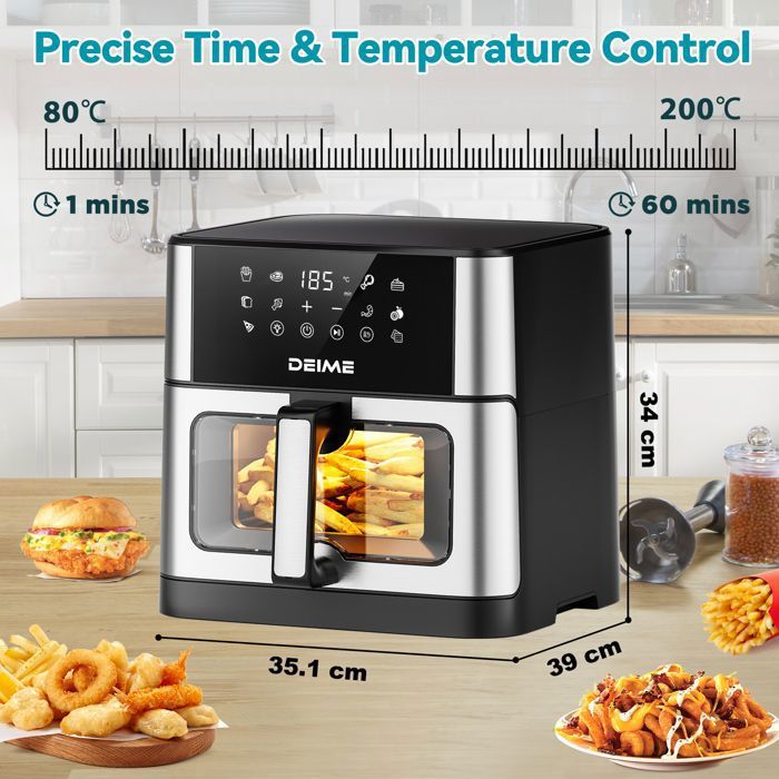 DEIME Air Fryer 5L+5L - Friteuse sans huile Capacité 10L - 8 Préprogrammes - 2400W - Séparateur amovible - Fenêtre - Noir