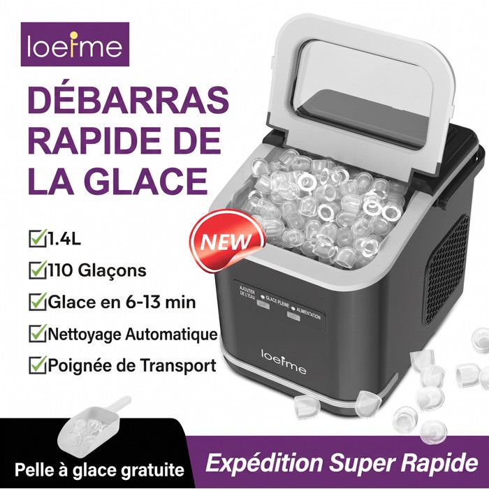 Machine à glaçons noire portable 12kg/24h, réservoir 1.4L, 9 glaçons en 6min, fonction autonettoyante, bruit inférieur 40dB