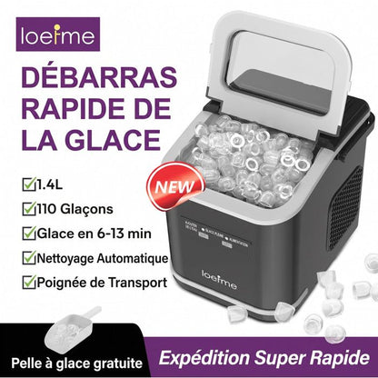 Machine à glaçons noire portable 12kg/24h, réservoir 1.4L, 9 glaçons en 6min, fonction autonettoyante, bruit inférieur 40dB