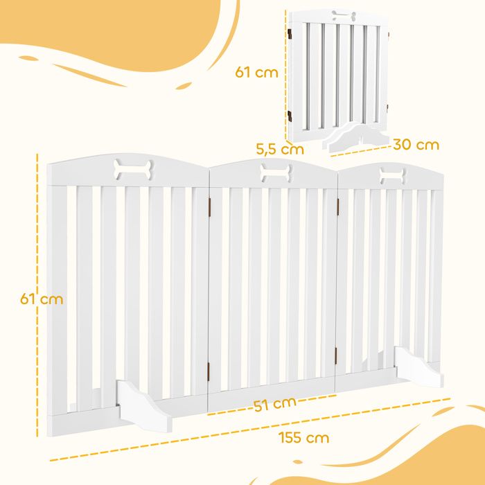 Barrière de sécurité chien - PawHut - avec pieds de support, pointes antidérapantes - 4 panneaux - 207,5 x 30 x 61 cm - blanc