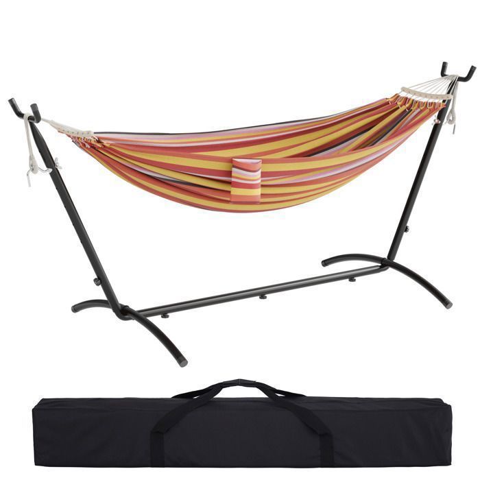 Mondeer Hamac sur Pied Double avec Support,Cadre Robuste Réglable 6Positions,Charge Max 270kg pour Jardin/Camping/Voyage,Multicolore