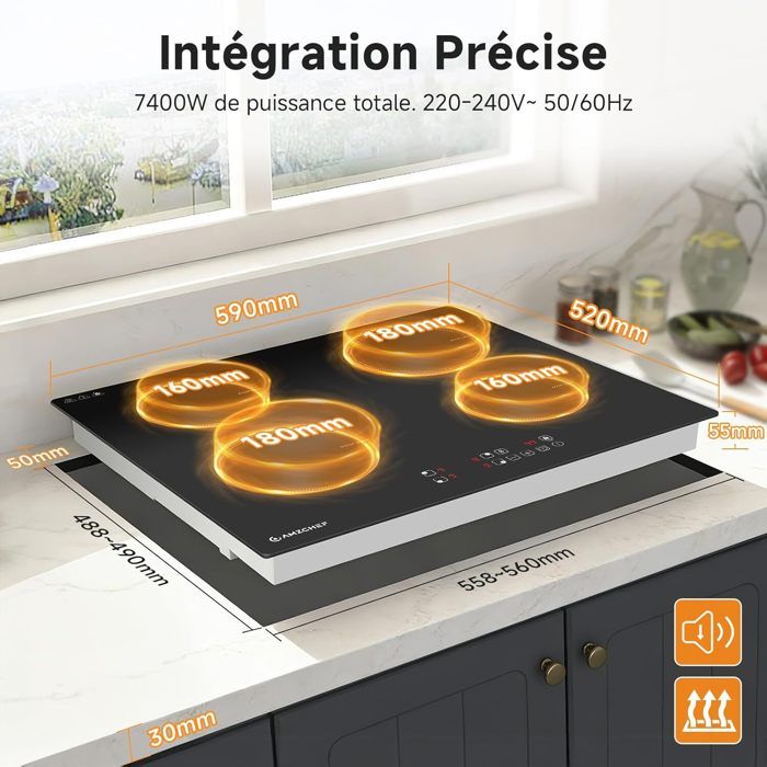 Table de cuisson 3 foyers AMZCHEF 9 niveaux de puissance 7400W avec 3 boosters Encastrable