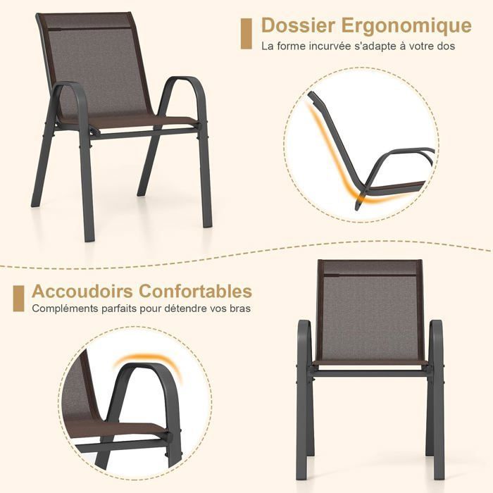 COSTWAY Lot de 2 Chaises de Jardin, Tissu Respirant, Chaises à Manger Empilables avec Accoudoirs, pour Patio Terrasse Porche, Bleu