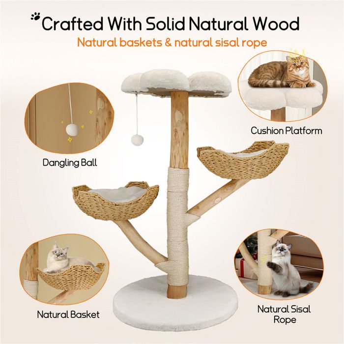 Arbre à Chat Hauteur 99 cm - BingoPaw - Centre d'activités pour Chats avec Griffoir en Sisal - 2 Plateformes avec 1 Niche