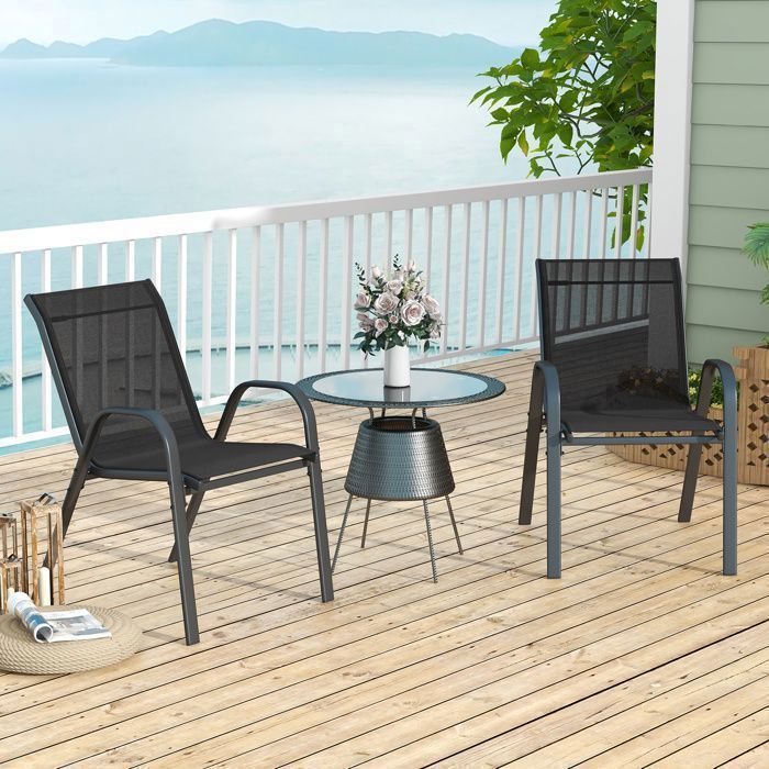 COSTWAY Lot de 2 Chaises de Jardin, Tissu Respirant, Chaises à Manger Empilables avec Accoudoirs, pour Patio Terrasse Porche, Bleu