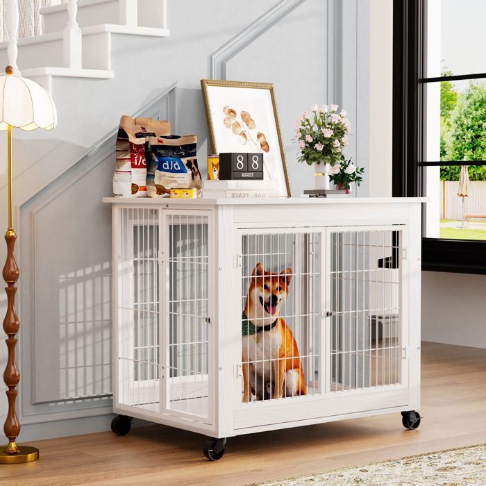 Cage pour chien meuble - Memkey - 80 x 56 x 69,5 cm - Panneau de particules et acier blanc - Roulettes, double porte