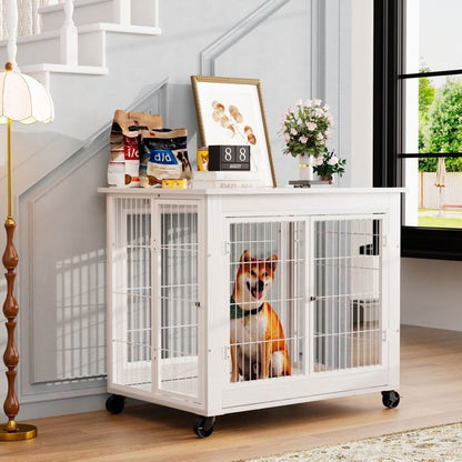 Cage pour chien meuble - Memkey - 80 x 56 x 69,5 cm - Panneau de particules et acier blanc - Roulettes, double porte