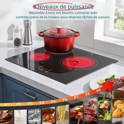 Plaque Vitrocéramique 4 Feux Encastrable,Sndoas 60cm Table de Cuisson,9 Niveaux de Puissance, Minuteur Intégré,6700W