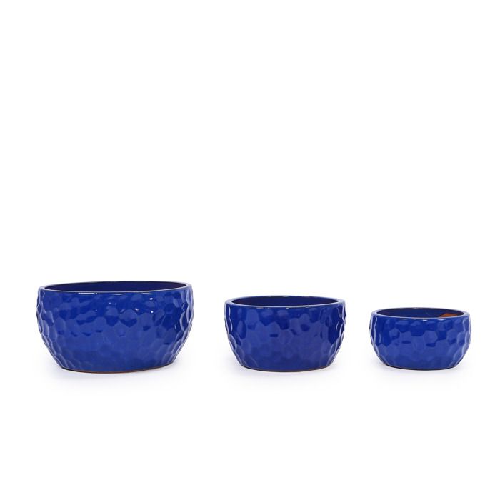 Lot de 3 Pots de Fleurs en Céramique Fait Main - 38/30/25 cm - Bleu Antique