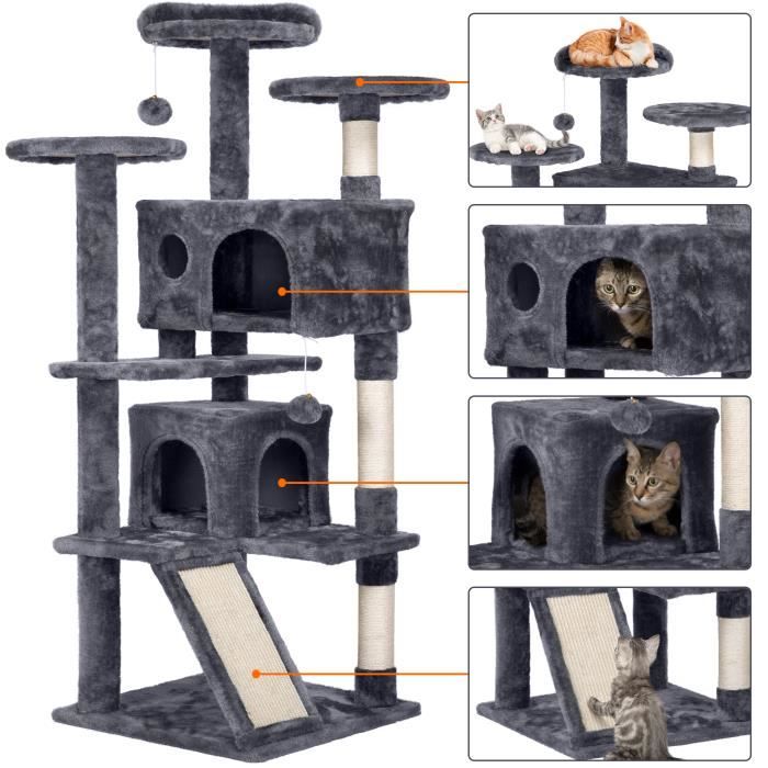 Yaheetech Arbre à Chat Chatons Grattoir Griffoir avec 3 Plateformes/2 Niches/Poteaux en Sisal 49,5 x 49,5 x 137 cm Gris foncé