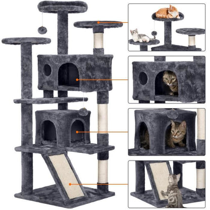 Yaheetech Arbre à Chat Chatons Grattoir Griffoir avec 3 Plateformes/2 Niches/Poteaux en Sisal 49,5 x 49,5 x 137 cm Gris foncé