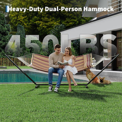 Hamac Double 12FT avec Support en Acier - Toile Matelassée 450LB - Barre en Bois Dur - Sac de Transport Inclus - Beige