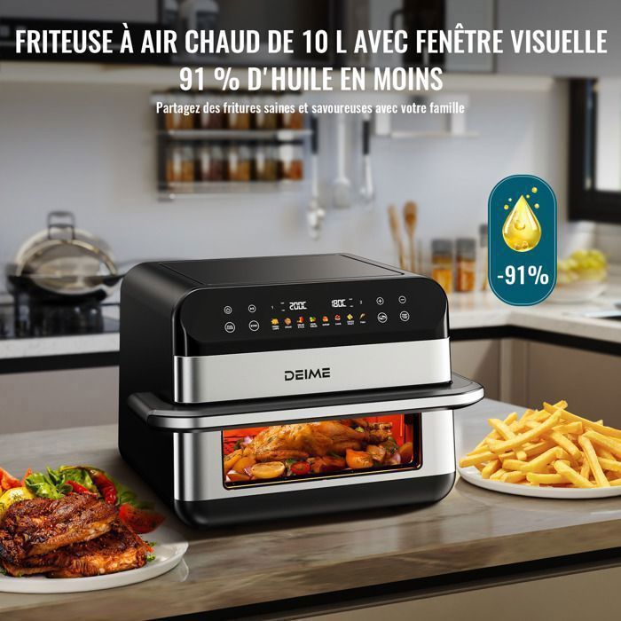 DEIME Air Fryer 5L+5L - Friteuse sans huile Capacité 10L - 8 Préprogrammes - 2400W - Séparateur amovible - Fenêtre - Noir