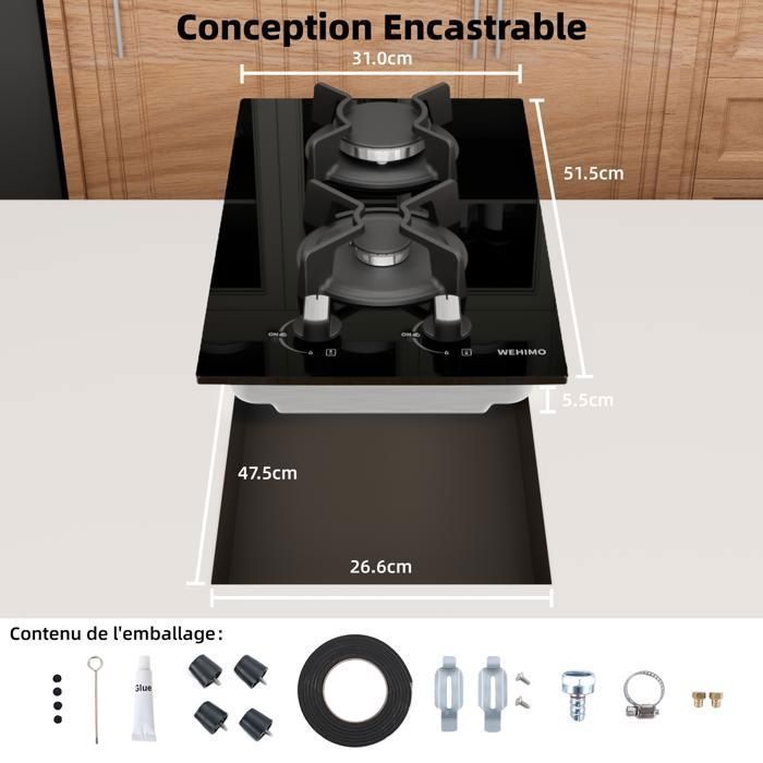 Plaque de Cuisson Gaz - WEHIMO - 4 Feux - Inox - Encastrable - L59 x P51 cm